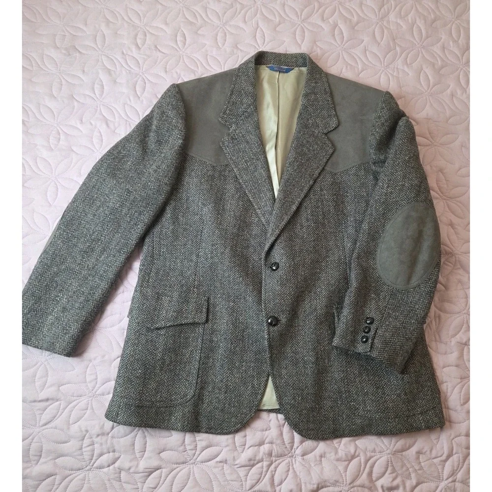Vintage Pendleton Western Blazer Mens Gray Tweed Wool Elbow Patches USA Sz 46